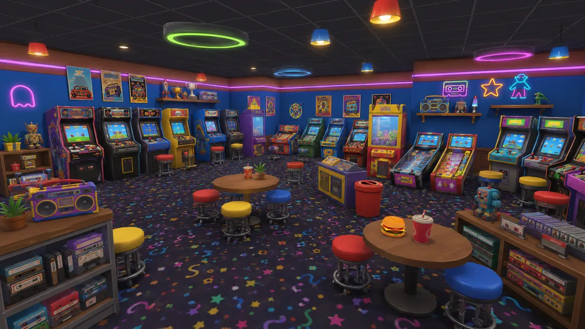 The Prop Chaos arcade, lined with retro cabinets and neon signs