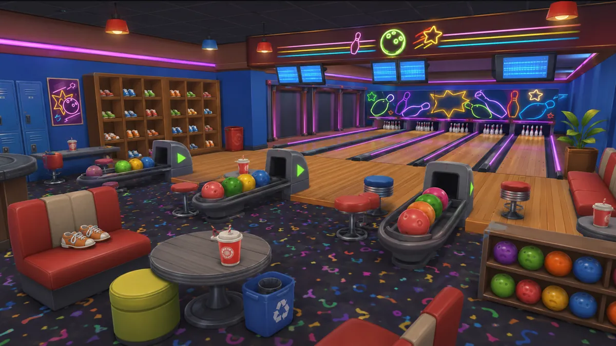 The Prop Chaos bowling alley with lit lanes and neon pin signs