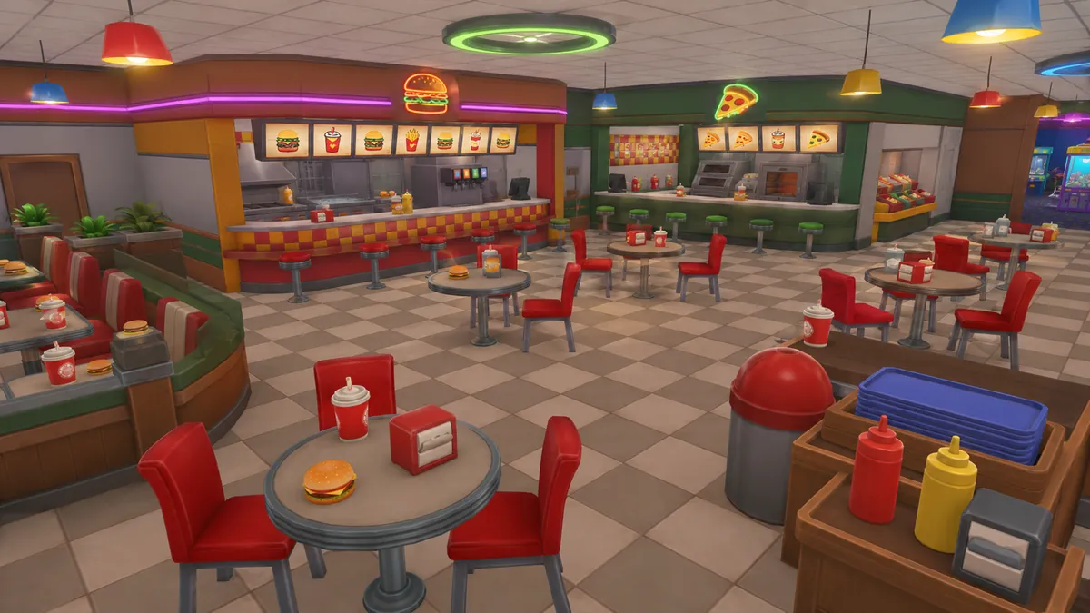 The Prop Chaos diner with red booths, stools and a burger counter