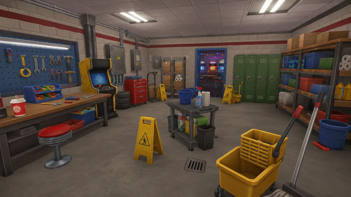 Staff maintenance workshop with a tool wall, lockers and storage shelving