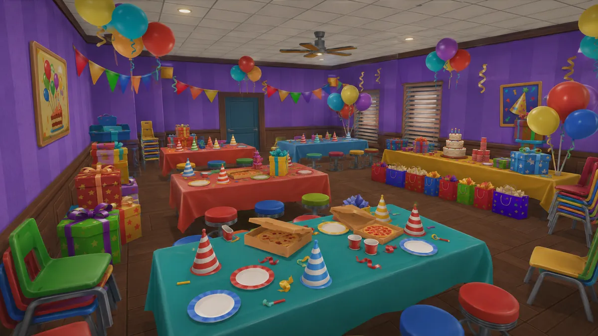 A Prop Chaos party room decked out with balloons, presents and cake