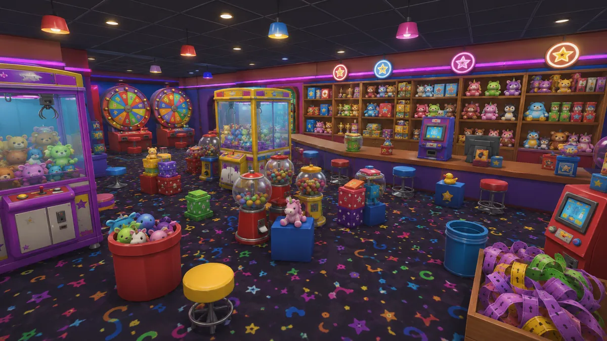 The arcade prize counter, stacked with plush toys and gumball machines