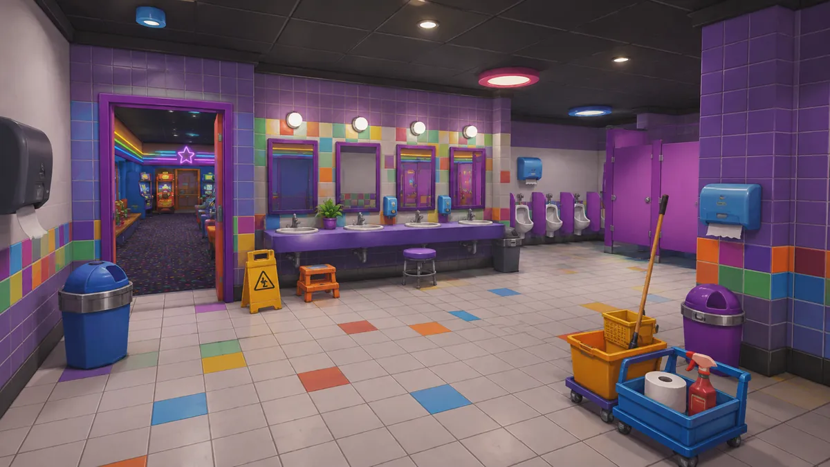 Colourful tiled restrooms with sinks, mirrors and a cleaning cart
