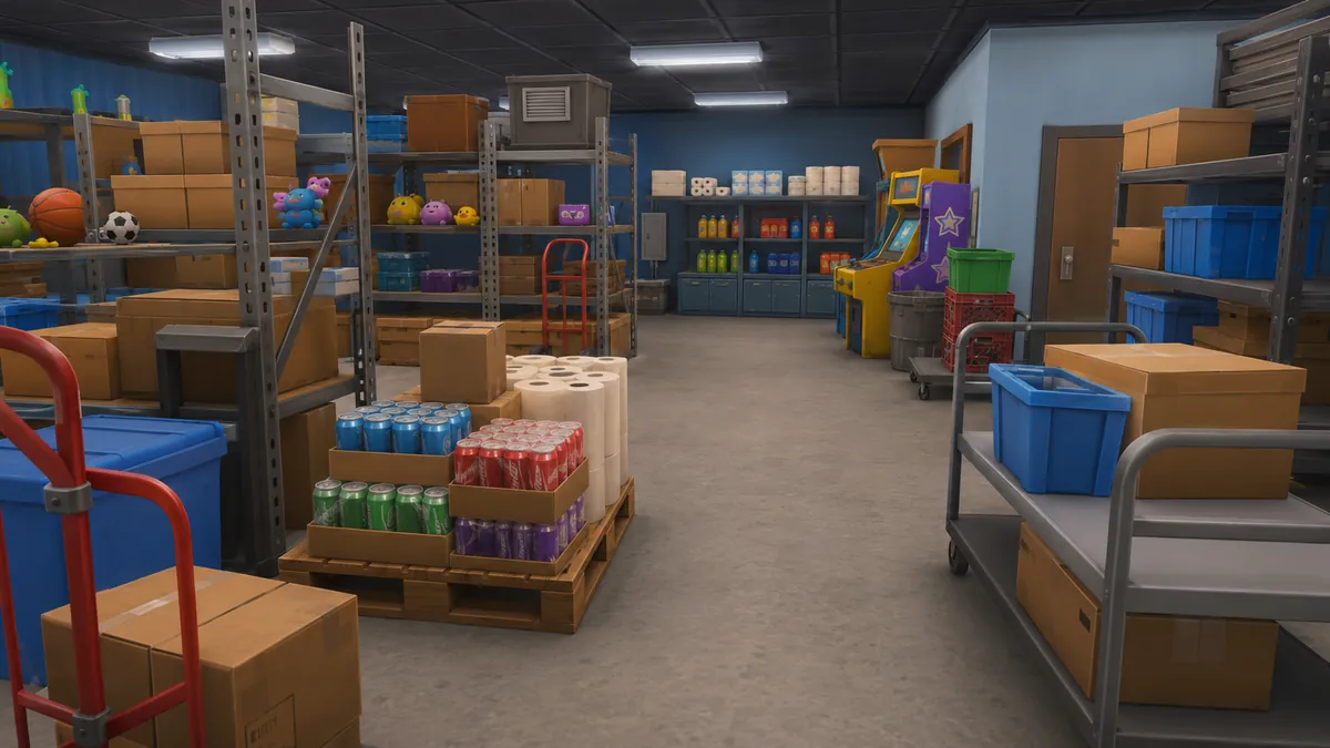 A Prop Chaos back-of-house storage room stacked with boxes and stock
