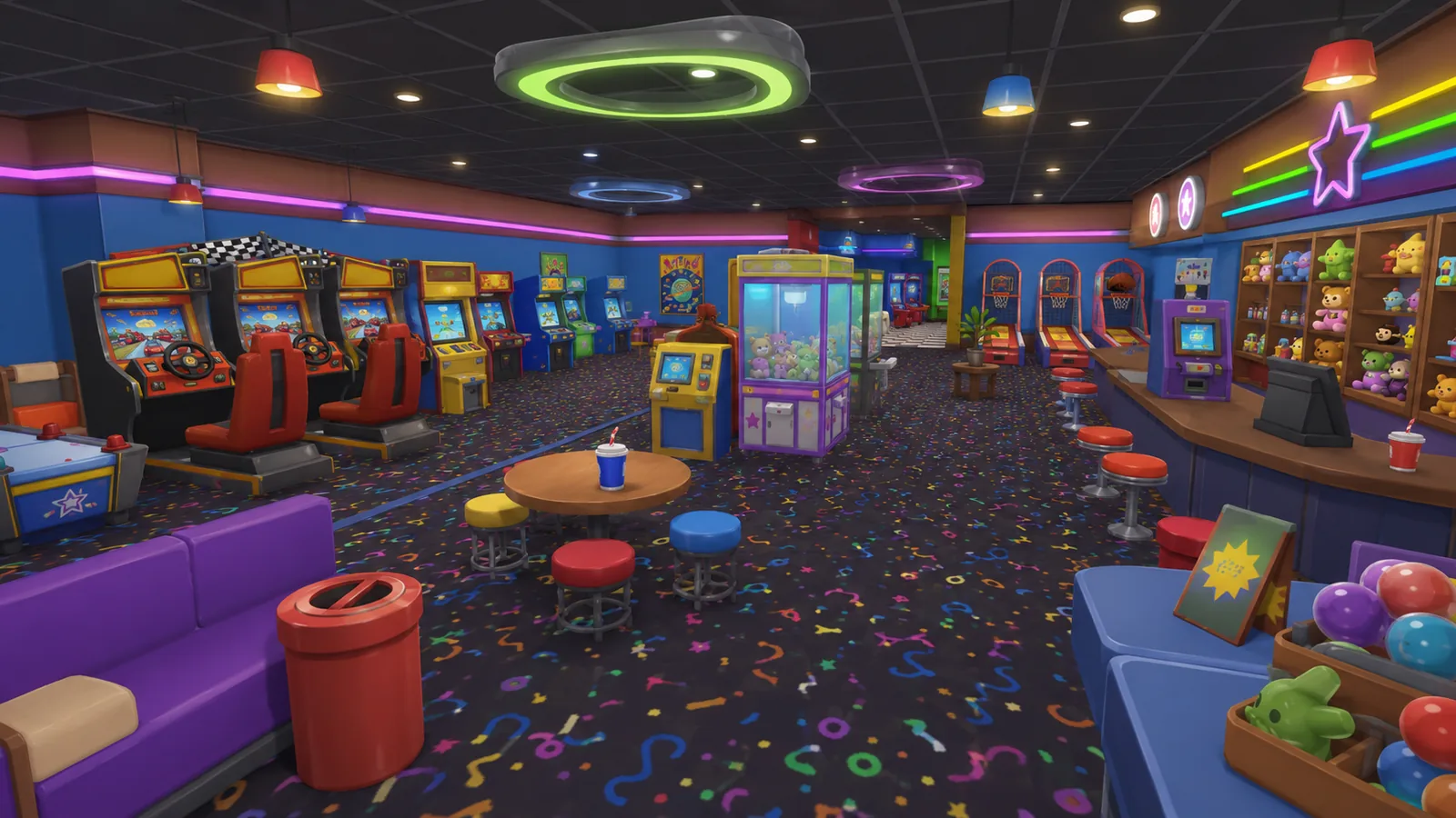 The Prop Chaos arcade, lined with cabinets, claw machines and neon signs